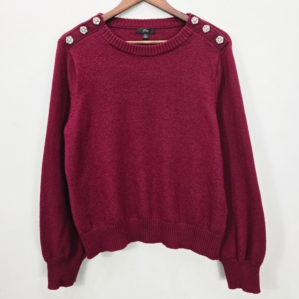 J.Crew Knit Sweater XL Red Burgundy Balloon Sleeve Lambs Wool Blend Embelished‎
